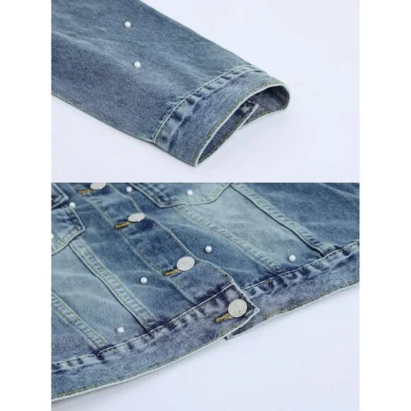 Women's Cotton Blend Cropped Denim Jacket Rhinestones Pearls 3/4 Sleeve